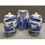 2 RINGTONS WILLOW PATTERN JUGS WITH LIDS PLUS ONE OTHER LARGE JUG