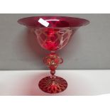 MOUTH BLOWN HAND MADE VERY FINELY BLOWN VENETIAN TAZZA WITH INTRICATE STEM WITH HANDLES AND SUPERB