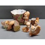 5 PICES OF FAUNA HORNSEA POTTERY ANIMALS SQUIRREL TROUGH, RABBITS AND DOE