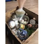 A BOX OF MISCELLANEOUS INC DAVENPORT BLUE AND WHITE SHIP IN A BOTTLE ETC