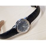 LADIES OMEGA GENEVE AUTOMATIC BLUE DIAL WATCH WITH BLACK LEATHER STRAP