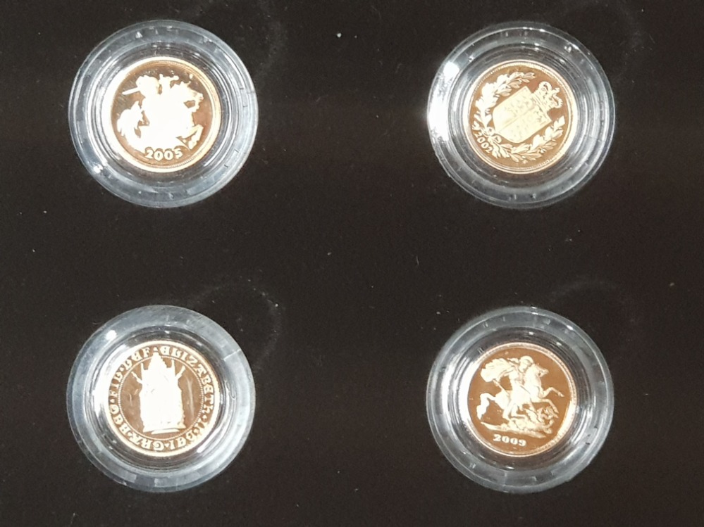 FOUR DIFFERENT GOLD PROOF UK HALF SOVEREIGNS DATED 1989, 2002, 2005 AND 2009 ALL IN CAPSULES AND IN