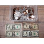 BOX OF USA FAIRLY MODERN COINS INCLUDING A FEW DOLLAR COINS MAJORITY LOWER DENOMINATIONS
