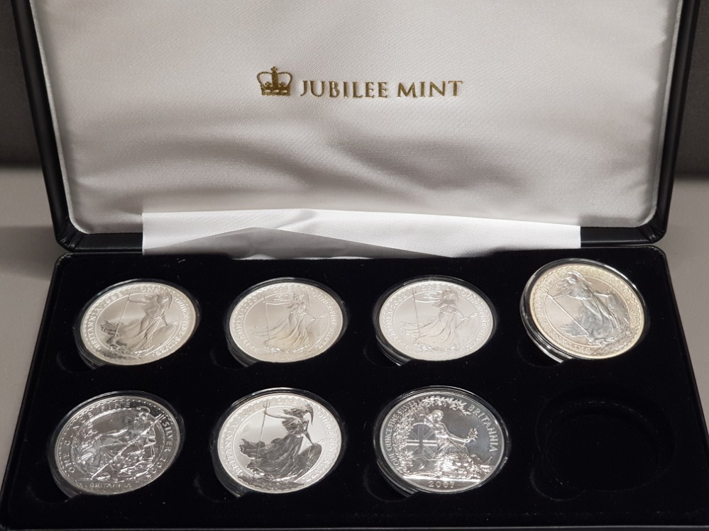 COLLECTION OF 7 DIFFERENT UK ROYAL MINT BRITANNIA SILVER 1OZ COINS 1998 AND 2000-2007 HOUSED IN