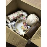 A BOX OF MISCELLANEOUS INC RINGTONS ROYAL WORCESTER AND ROYAL STRATFORD ETC