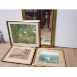 3 PAINTINGS & 1 MIRROR. 1 WATERCOLOUR SIGNED FRED LAWSON