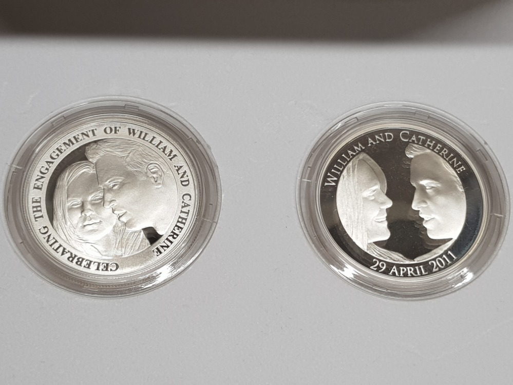 TWO UK ROYAL MINT 2011 ROYAL WEDDING 5 POUND SILVER PROOF COINS FROM ENGLAND AND ALDERNEY HOUSED