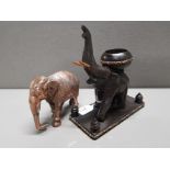 HAND MADE HEAVILY CARVED ELEPHANT BASED ASHTRAY PLUS 1 OTHER EASTERN ELEPHANT ORNAMENT