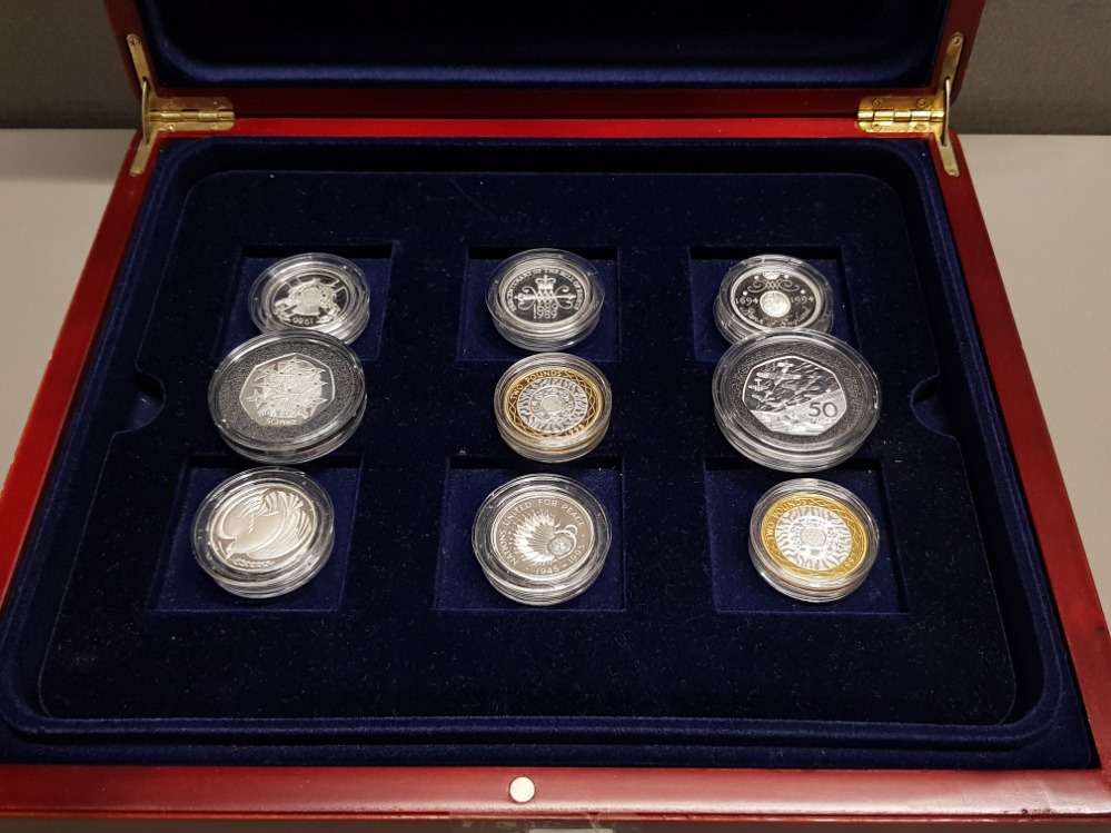 9 UK ROYAL MINT SILVER PROOF COINS 1986,1989 2 POUND COINS PLUS 1994 BANK OF ENGLAND, 1995 DOVE,