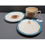 3 PIECES OF COMMEMORATIVE CHINA BY CLARICE CLIFF MUG SAUCER AND PLATE CELEBRATING QUEENS
