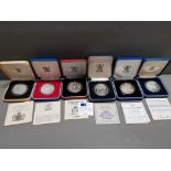 6 UK ROYAL MINT SILVER PROOF 5 POUND CROWNS 1977 JUBILEE, 1980 AND 1990 QUEEN MOTHER, 1981 DIANA