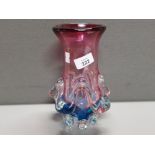 SKRDLOVICE DOUBLE CASED BLUE PINK CLEAR GLASS VASE WITH PULLED KNOBS 60S-70S