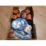 LOT OF BLUE AND WHITE & ALSO STORAGE JARS