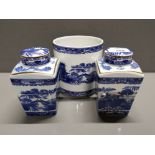 PAIR OF RINGTONS BLUE AND WHITE WILLOW PATTERNED TEA CADDYS AND UTENSILS HOLDER