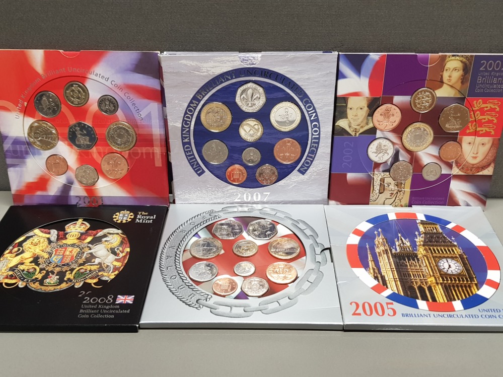 UK ROYAL MINT UNCIRCULATED YEAR SETS 2001, 2002, 2005, 2006, 2007 AND 2008 SIX COMPLETE SETS IN