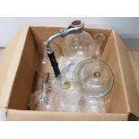 BOX OF MISCELLANEOUS VINTAGE LABORATORY GLASS AND CONA BOTTLE HOLDER
