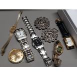 BOX CONTAINING MISCELLANEOUS LADIES WRISTWATCHES PLUS 2 ORIENTAL STYLE BUCKLES