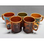 5 RARE HORNSEA ART POTTERY MUGS 1 IS A HANDLELESS 70S STYLE MUG