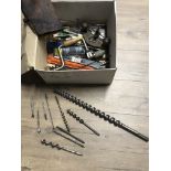A BOX OF MISCELLANEOUS TOOLS INC VINTAGE STANLEY NOZZLE DRILL BITS ETC