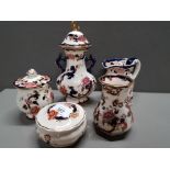 5 PIECES OF MASONS IRONSTONE LIDDED POT AND TWIN HANDLED URN ETC IN BLUE MANDALAY PATTERN