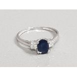 9CT WHITE GOLD SAPPHIRE AND DIAMOND 3 STONE RING 1.5G SIZE O