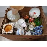 BOX OF MISCELLANEOUS ITEMS INC DAVENPORT, GLASS SHIP IN A BOTTLE, BAKERS EGGS AND HORNSEA STYLE