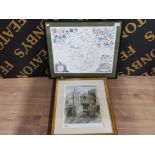 GILT FRAMED PRINT SIGNED BY ROY KIRTONI TOGETHER WITH A FRAMED MAP OF CAMBRIDGESHIRE