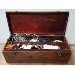 VINTAGE WOODEN TOOL CHEST CONTAINING MISCELLANEOUS LEADS AND CABLE ETC