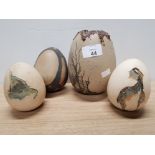 FOUR STUDIO POTTERY EGGS ALL WITH WEB DECORATION 2 SIGNED BY ALISON BORTHWICK AND ONE BY RAY NASH