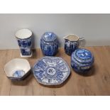 A LOT OF ASSORTED BLUE AND WHITE RINGTONS WARE INCLUDES JUG AND VASES ETC