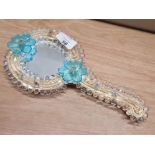 DECORATIVE VENETIAN HAND MIRROR WITH CLEAR GLASS CRIMPED FRAME LAID ONTO BOARD FOR WALL HANGING WITH