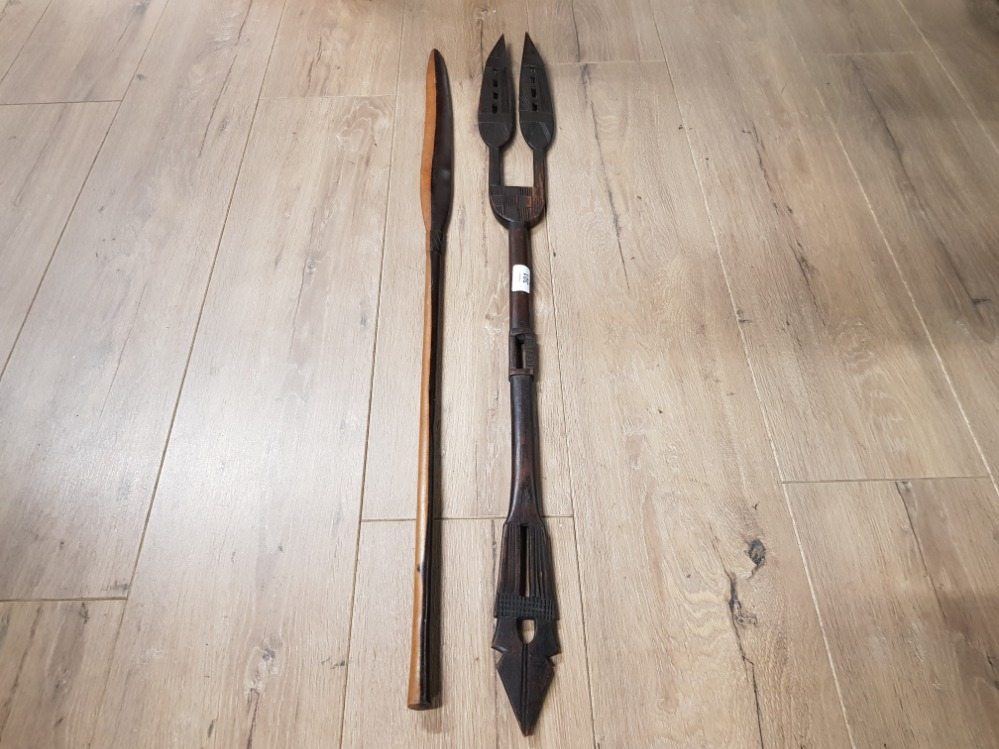 2 CARVED AFRICAN TRIBAL ORNAMENTAL SPEARS