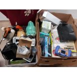 2 BOXES OF MISCELLANEOUS INCLUDING SHIATSU MASSAGE CUSHION AND BELLS DECANTER ETC