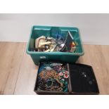 A BOX OF ASSORTED COSTUME JEWELLERY INC WATCHES CUTLERY ETC