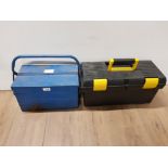 BLACK AND YELLOW TOOL BOX TOGETHER WITH BLUE TIN METAL CANTILEVER TOOLBOX