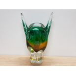 DOUBLE CASED TANGERINE, LIME AND CLEAR CZECH CAT VASE BY JOSEF HOSPODKA