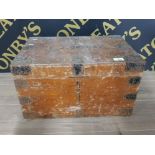 VINTAGE WOODEN TOOL CHEST WITH KEY AND THE NAME E.J.BRIXEY PAINTED ON TOP