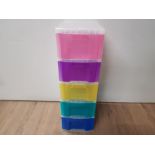 A MULTICOLORED 5 DRAWER PLASTIC STORAGE CHEST