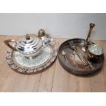 A LOT OF SILVER PLATED ITEMS INCLUDES CRUET SET AND TEAPOT ETC