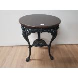 VINTAGE CAST IRON BASED OAK CIRCULAR TOPPED BRITANNIA BAR TABLE