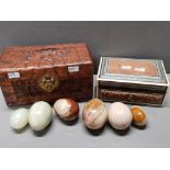 HEAVILY CARVED BOX TOGETHER WITH INLAID JEWELLERY BOX AND 6 POLISHED EGGS ONYX AND MARBLE