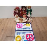 A BOX CONTAINING PORCELAIN HEADED DOLLS PLUS 2 SPIROGRAPHS
