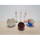 3 ASSORTED PAPERWEIGHTS TOGETHER WITH 3 DECORATIVE SCENT BOTTLES