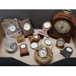 TRAY OF MISCELLANEOUS MINATURE MANTLE CLOCKS AND OTHER TIME PIECES INCLUDING ROYAL DOULTON GLASS