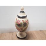 MASSIVE 19INCH VICTORIAN GLASS URN WITH A LID DECORATED WITH ACORN FINIAL HAND PAINTED WITH