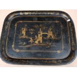 LARGE VINTAGE TIN TRAY WITH GILDED ORIENTAL STYLE DECORATION 56CM X 43CM
