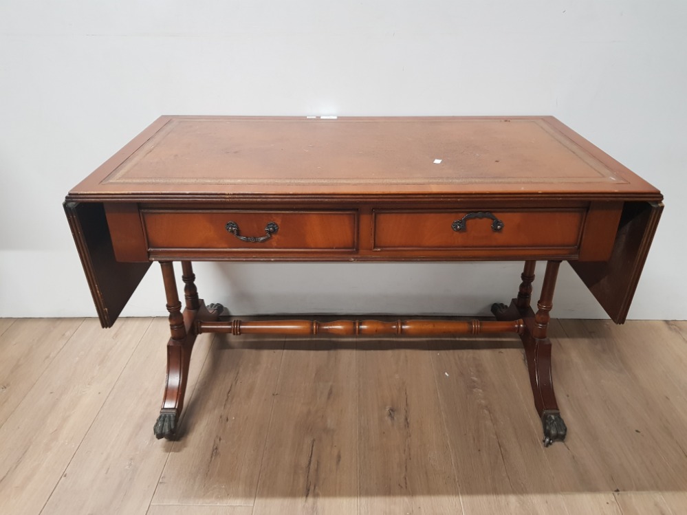 MAHOGANY LEATHER TOPPED 2 DRAWER DROP SIDE SOFA TABLE