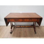 MAHOGANY LEATHER TOPPED 2 DRAWER DROP SIDE SOFA TABLE