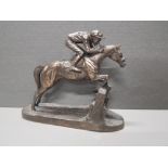 A LIMITED EDITION BRONZED GENESIS FINE ARTS HORSE AND JOCKEY FIGURINE BY HERIDITIES WITH CERTIFICATE