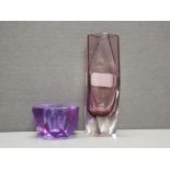 MURANO MANDRUZZATO POLI FACETED AMETHYST GLASS VASE TOGETHER WITH FACETED ALEXANDRITE GLASS CANDLE